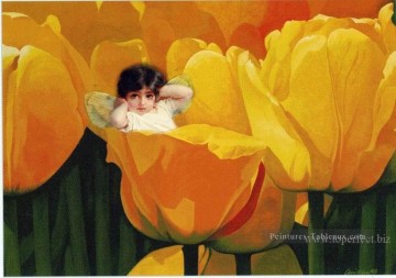 Petite fée en jaune fleurs originale de l’ange Peinture à l'huile